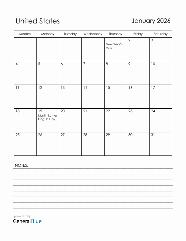January 2026 United States Calendar with Holidays (Sunday Start)