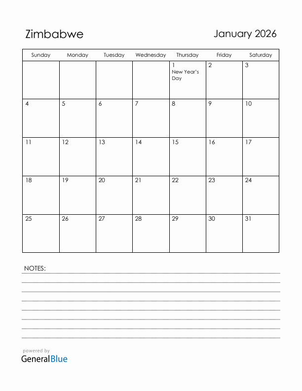 January 2026 Zimbabwe Calendar with Holidays (Sunday Start)