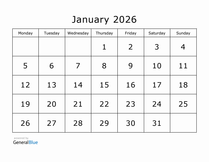 Printable January 2026 Calendar - Monday Start