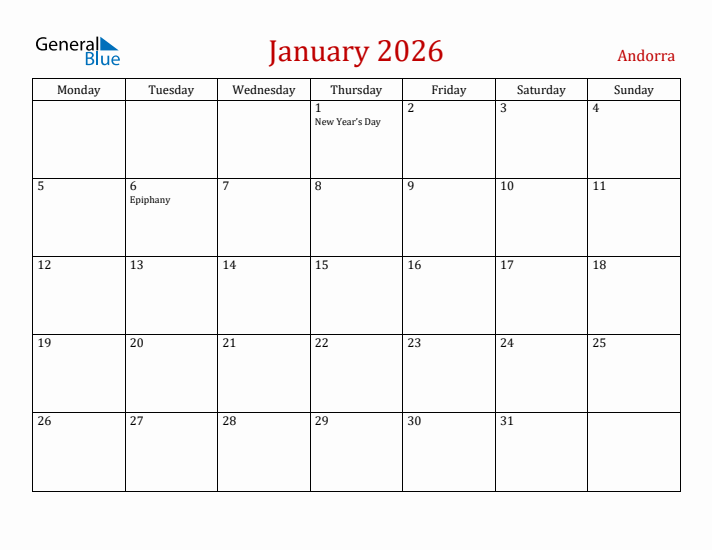 Andorra January 2026 Calendar - Monday Start