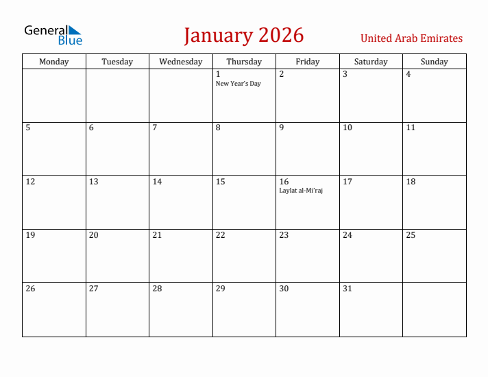 United Arab Emirates January 2026 Calendar - Monday Start