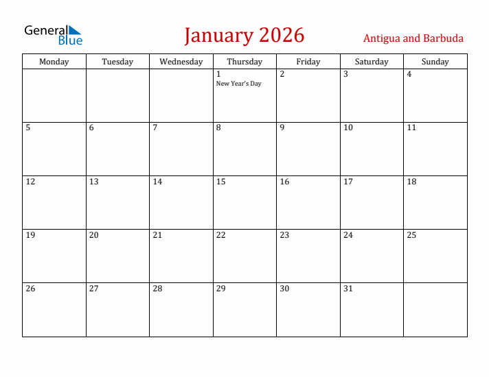Antigua and Barbuda January 2026 Calendar - Monday Start