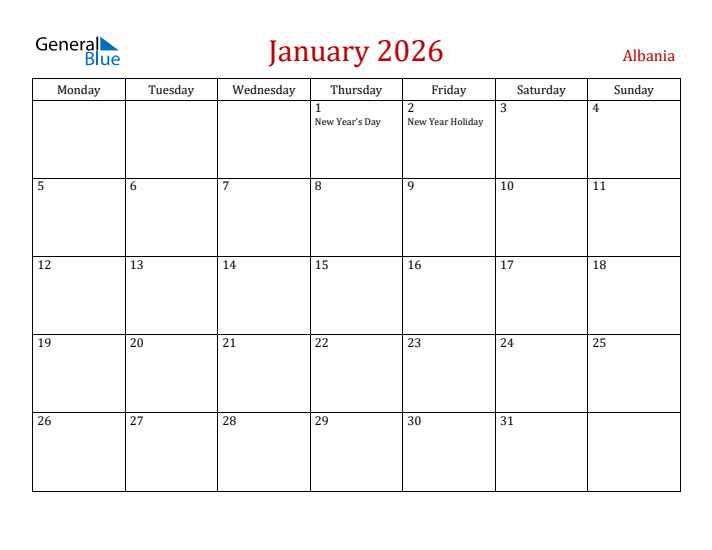 Albania January 2026 Calendar - Monday Start