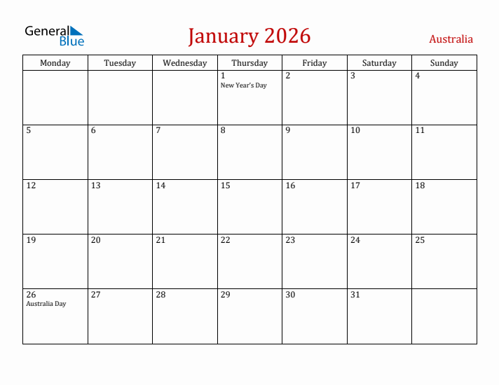 Australia January 2026 Calendar - Monday Start