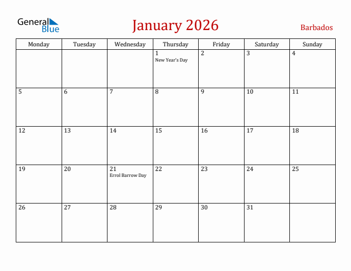 Barbados January 2026 Calendar - Monday Start