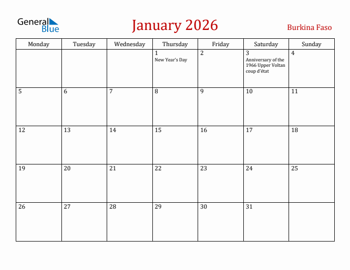 Burkina Faso January 2026 Calendar - Monday Start