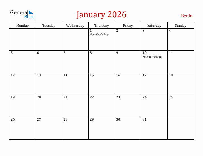 Benin January 2026 Calendar - Monday Start