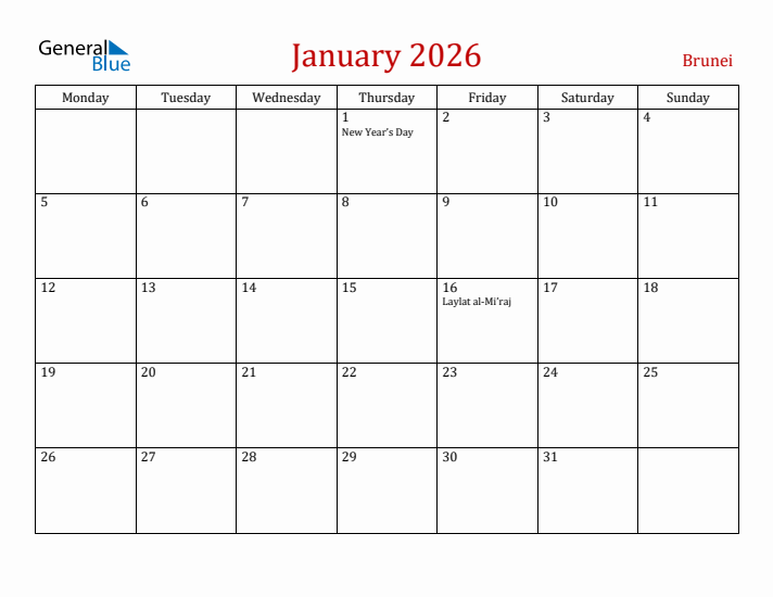 Brunei January 2026 Calendar - Monday Start