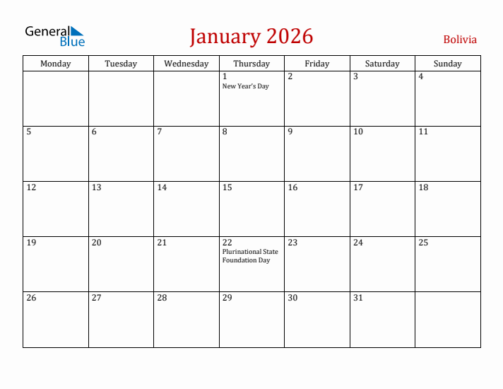 Bolivia January 2026 Calendar - Monday Start