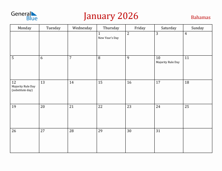 Bahamas January 2026 Calendar - Monday Start