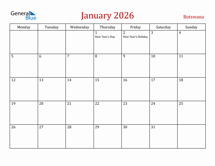 Botswana January 2026 Calendar - Monday Start