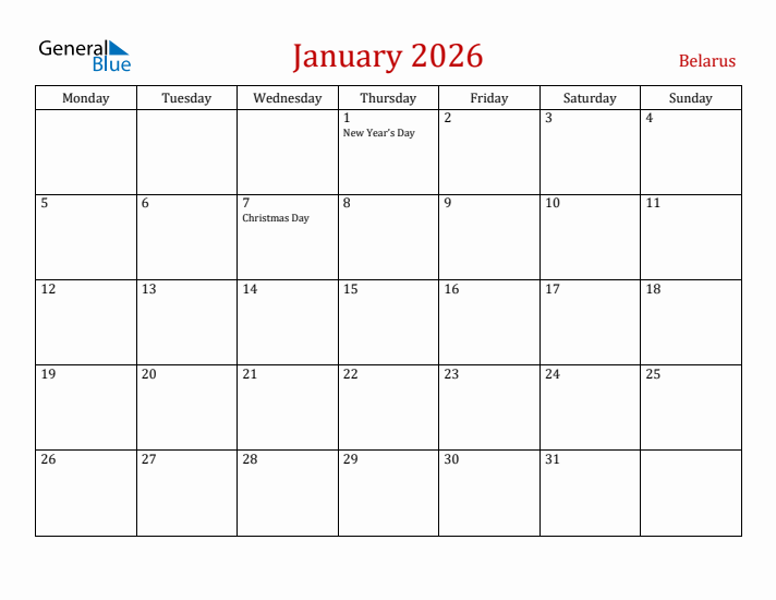 Belarus January 2026 Calendar - Monday Start