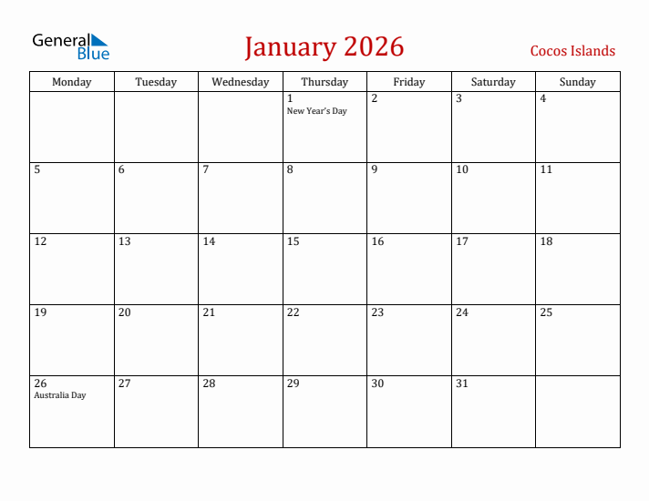 Cocos Islands January 2026 Calendar - Monday Start
