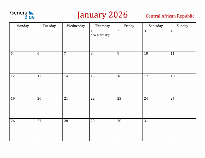 Central African Republic January 2026 Calendar - Monday Start