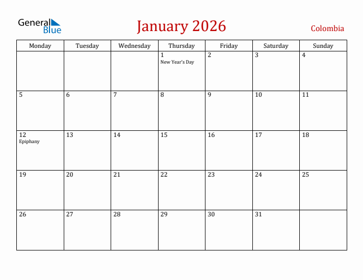 Colombia January 2026 Calendar - Monday Start
