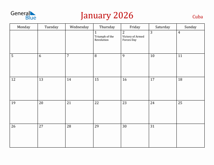 Cuba January 2026 Calendar - Monday Start