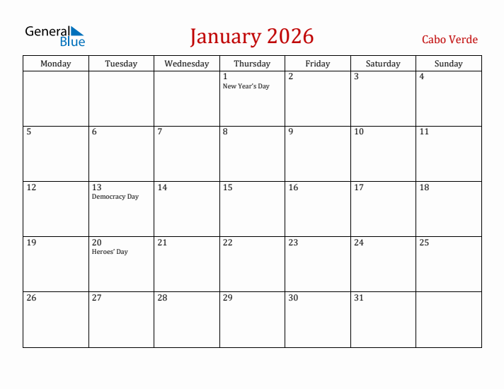 Cabo Verde January 2026 Calendar - Monday Start