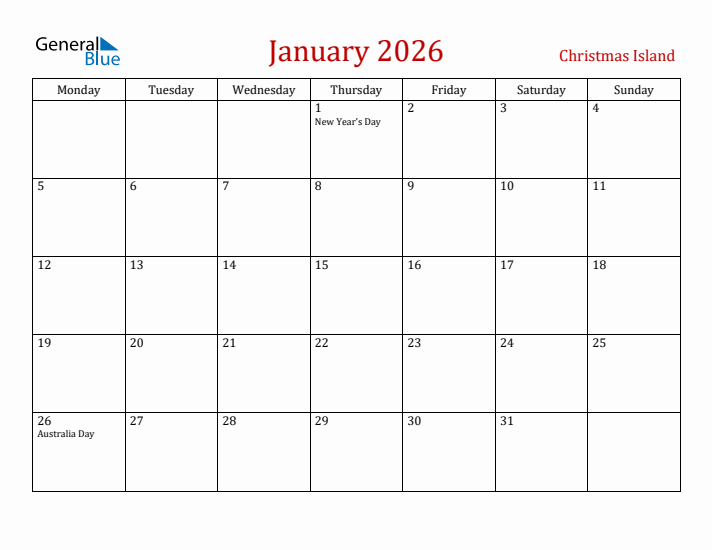 Christmas Island January 2026 Calendar - Monday Start
