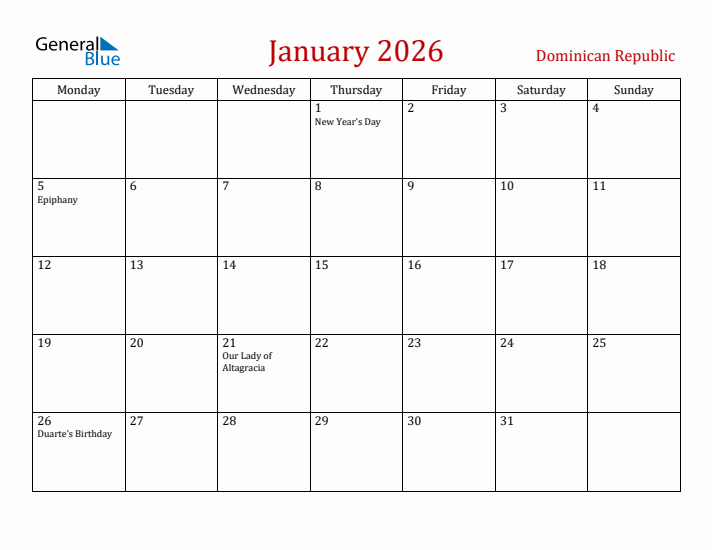 Dominican Republic January 2026 Calendar - Monday Start