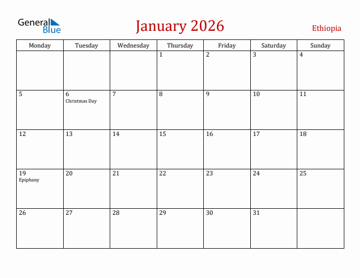 Ethiopia January 2026 Calendar - Monday Start