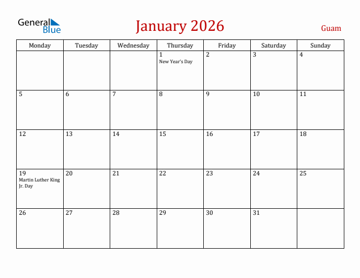 Guam January 2026 Calendar - Monday Start