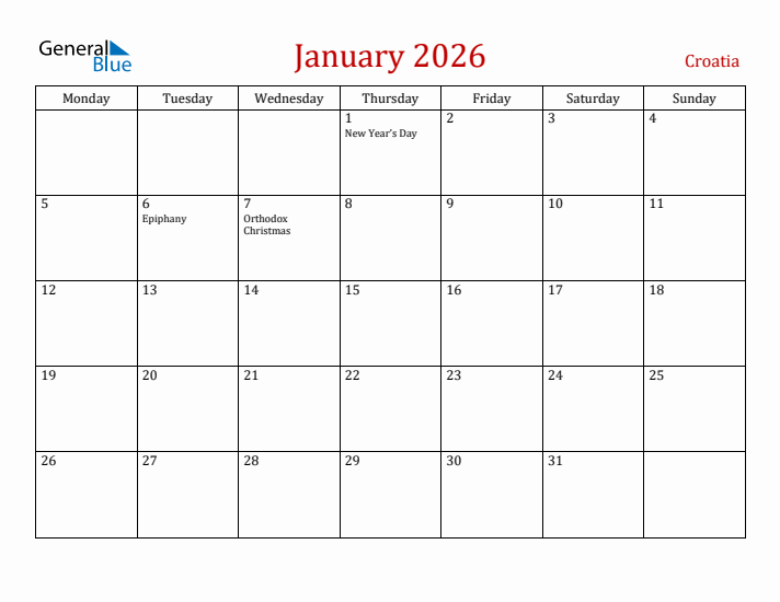 Croatia January 2026 Calendar - Monday Start