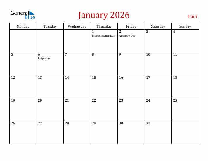 Haiti January 2026 Calendar - Monday Start