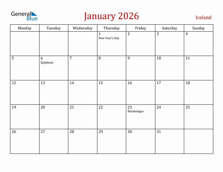 Iceland January 2026 Calendar - Monday Start