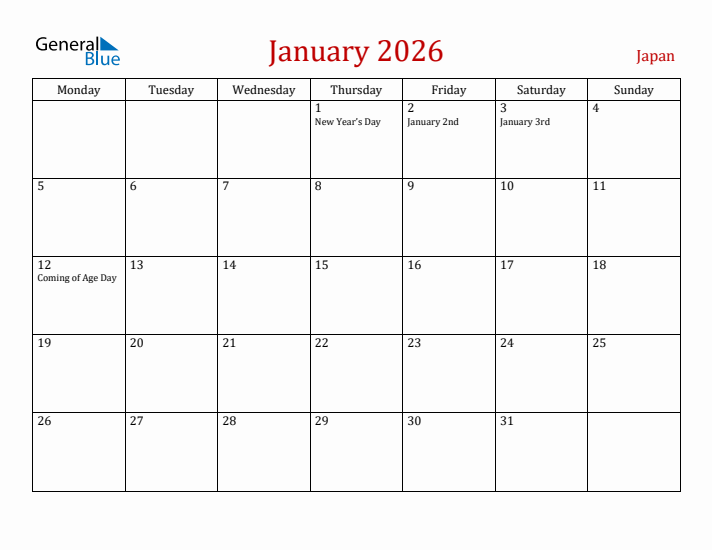 Japan January 2026 Calendar - Monday Start