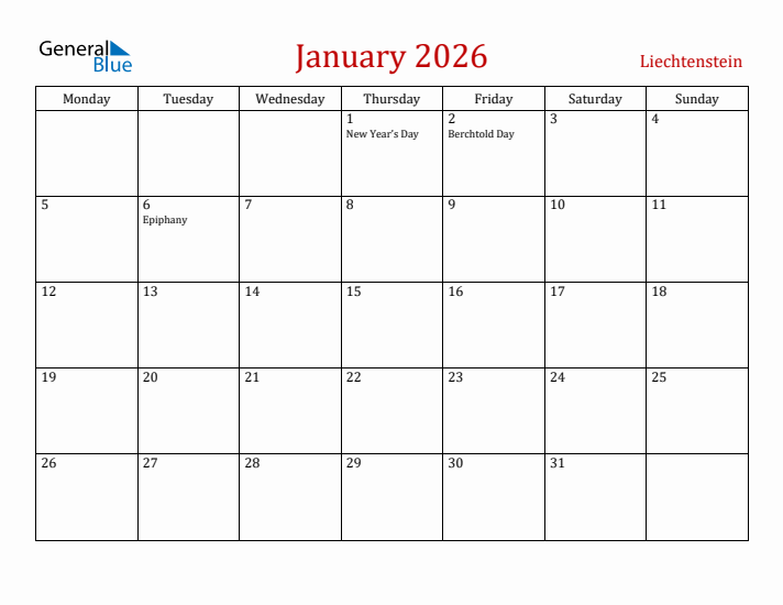 Liechtenstein January 2026 Calendar - Monday Start