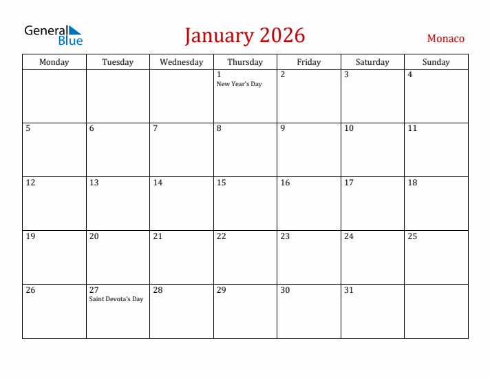 Monaco January 2026 Calendar - Monday Start