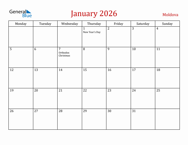 Moldova January 2026 Calendar - Monday Start