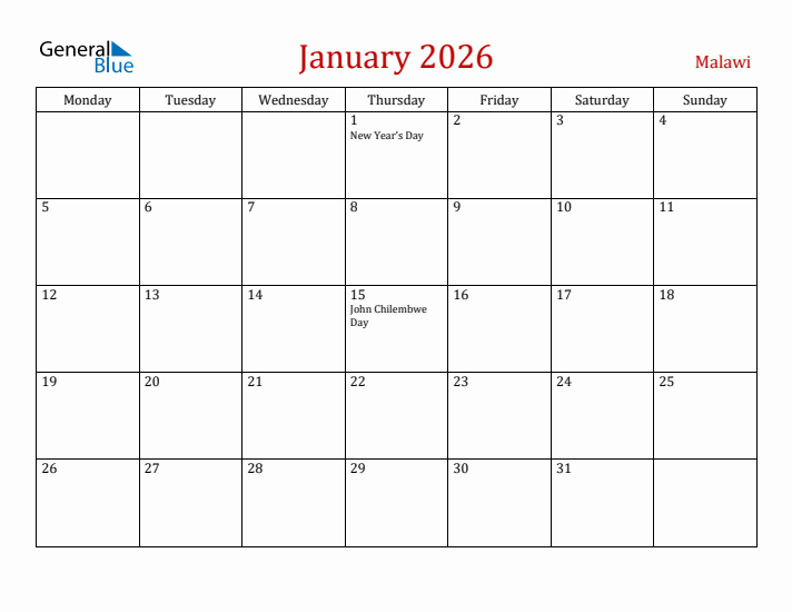 Malawi January 2026 Calendar - Monday Start