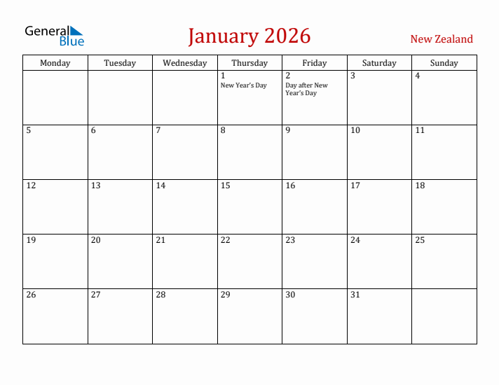 New Zealand January 2026 Calendar - Monday Start