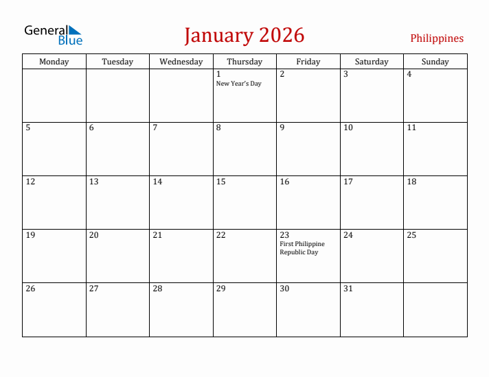 Philippines January 2026 Calendar - Monday Start