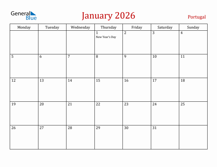 Portugal January 2026 Calendar - Monday Start