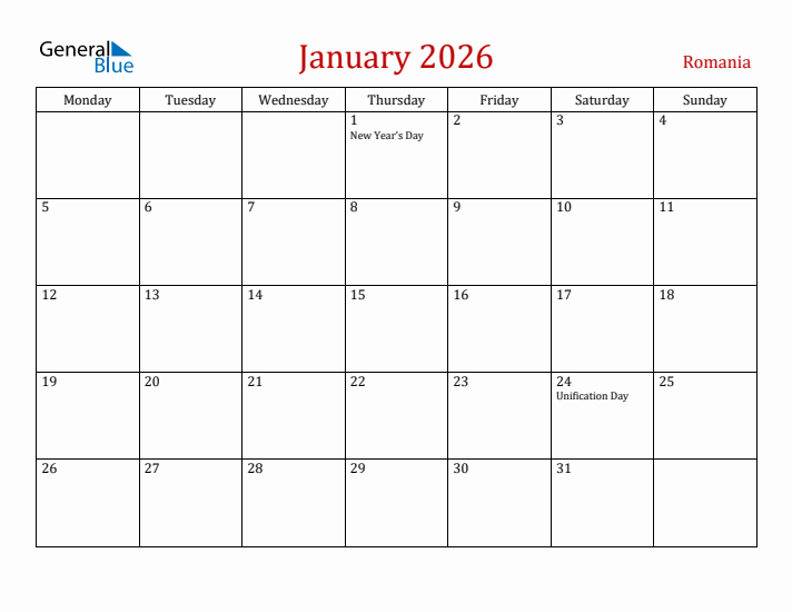 Romania January 2026 Calendar - Monday Start