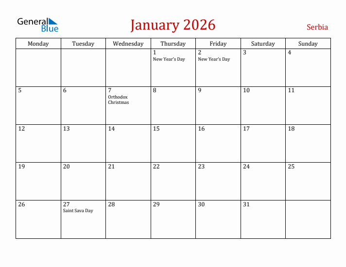 Serbia January 2026 Calendar - Monday Start