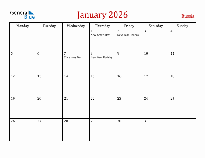 Russia January 2026 Calendar - Monday Start