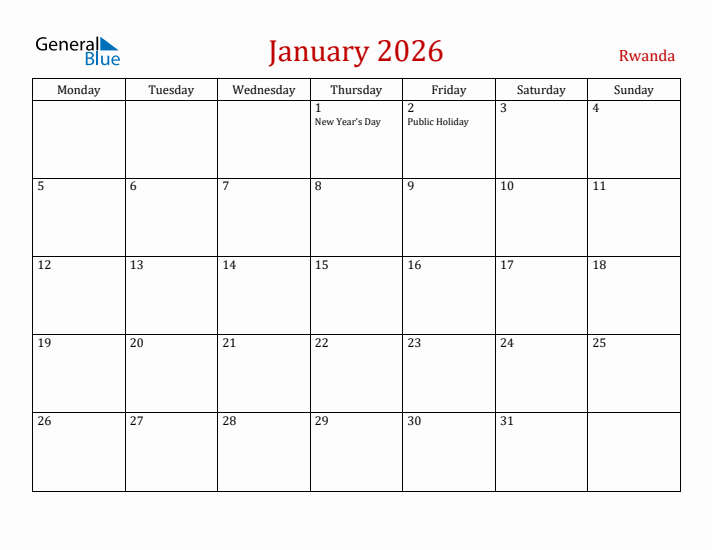 Rwanda January 2026 Calendar - Monday Start
