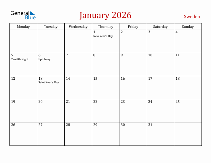Sweden January 2026 Calendar - Monday Start