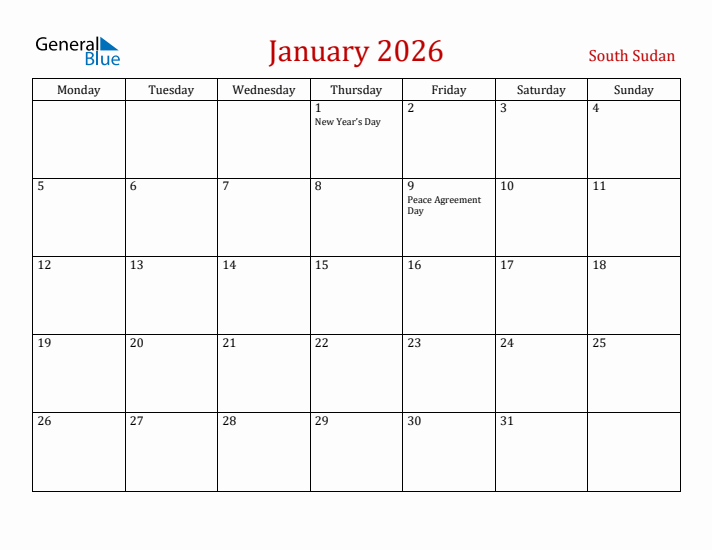 South Sudan January 2026 Calendar - Monday Start