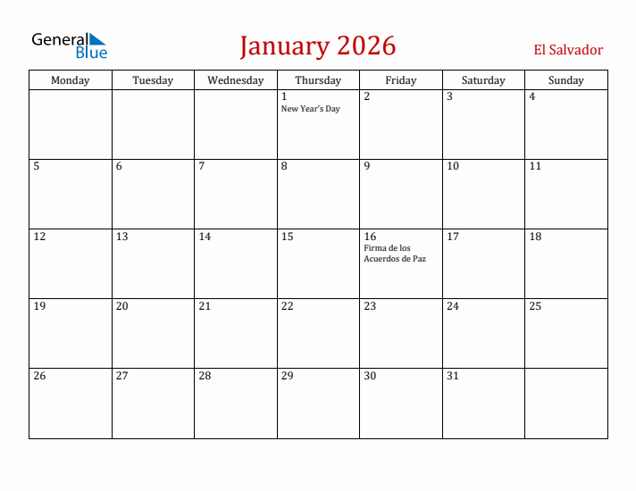El Salvador January 2026 Calendar - Monday Start
