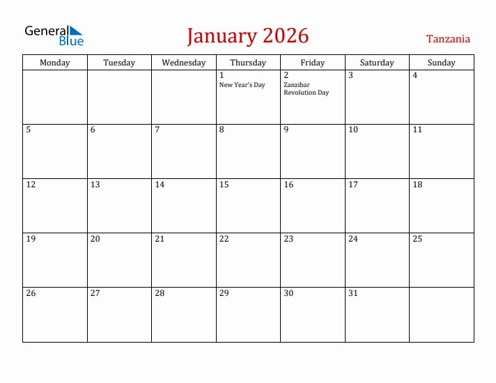 Tanzania January 2026 Calendar - Monday Start