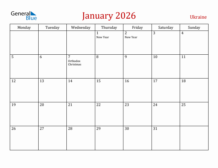 Ukraine January 2026 Calendar - Monday Start