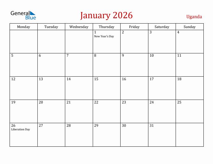 Uganda January 2026 Calendar - Monday Start