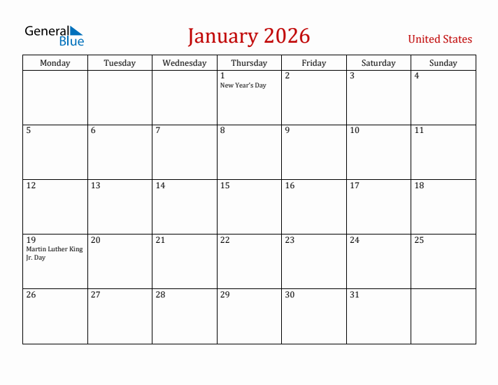 United States January 2026 Calendar - Monday Start