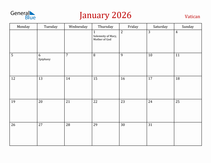 Vatican January 2026 Calendar - Monday Start