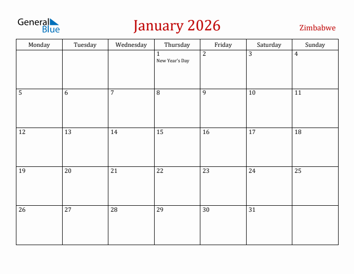 Zimbabwe January 2026 Calendar - Monday Start