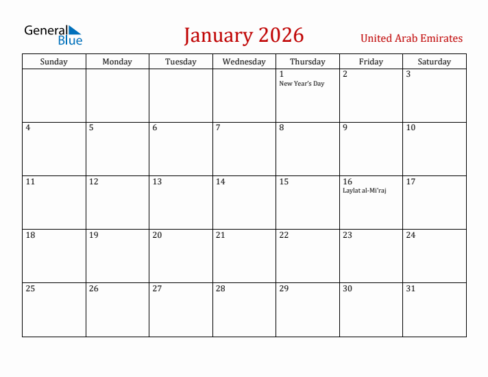 United Arab Emirates January 2026 Calendar - Sunday Start